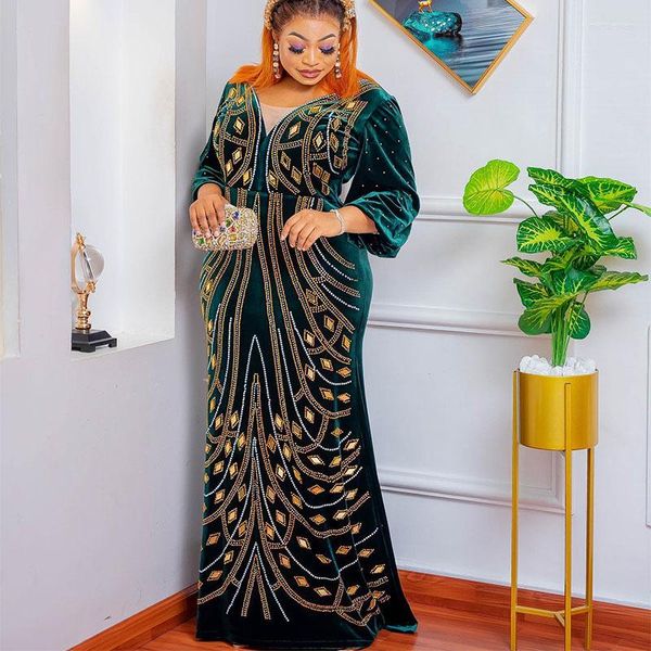 Vestidos casuais vestido de festa de veludo moda modimal abaya africana feminino de luxo diamante miçanga ocasião formal