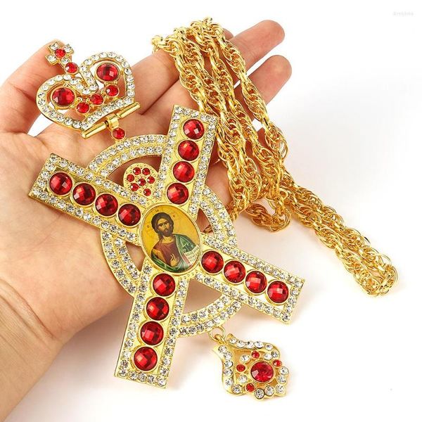 Colares pendentes Pastor Grego Ortodoxo Cruz Jesus Crucifix Pingents Bated Gold Rhinestones Chain Cadeia Religiário Suprimentos de Artesanato
