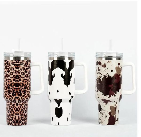 US stock 40oz Stainless Steel Tumblers Cups Lids Straw Cheetah Cow Print Leopard Heat Preservation Travel Car Mugs Large Capacity Water Bottles With Logo GG1214