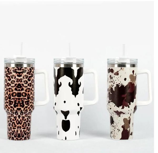 Estoque dos EUA 40oz Copos de aço inoxidável Copos Tampas Palha Cheetah Vaca Impressão Leopardo Preservação de Calor Canecas de Carro de Viagem Garrafas de Água de Grande Capacidade Com GG1214 Melhor Qual