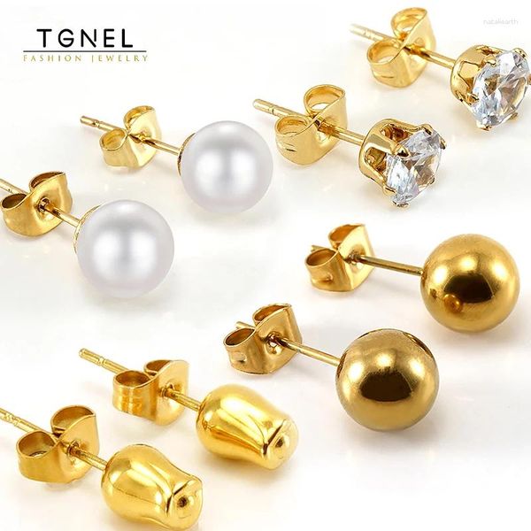 Orecchini a bottone Perla CZ Fiori a sfera 6mm Per donna Accessori per gioielli classici in acciaio inossidabile Abbigliamento quotidiano Colore oro