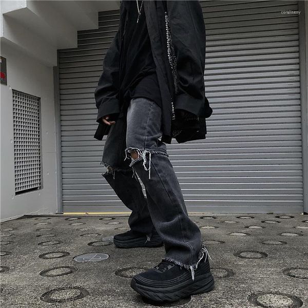Jeans masculinos foufurieux streetwear vintage y2k cinza escuro Men Ripped 2023 Design da cintura alta perna lisa larga larga