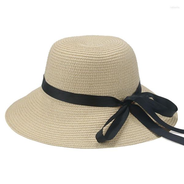 Шляпа Шляпа Шляпа Женщины Большой Классическая летняя ленточная лента Bowknot khaki Round Top Beach Sun Broate Buctrot Visera Mujer