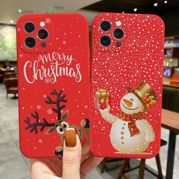 Custodie per cellulari Custodie per cellulari per iPhone 11 12 13 Mini 14 15 Pro Max Plus 15 Ultra Red Silicone 2023 Natale Alce Babbo Natale Pupazzo di neve Cover posterioreL2402