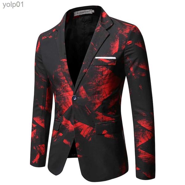 Jaquetas masculinas 2021 Gentleman Blazers Homens Blue Patterning Impresso Terno Casaco Casual Casaco Prom Cantor Concert Stage Come Inverno Tamanho S-5XLL231115