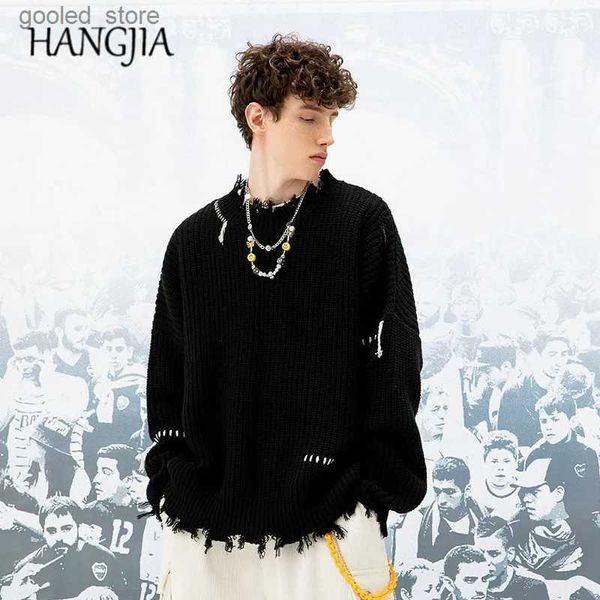 Suéter masculino meia gola alta suéter masculino streetwear lavado suéter destruído hip hop borlas rasgado suéteres de malha oversize pullovers outono q231115