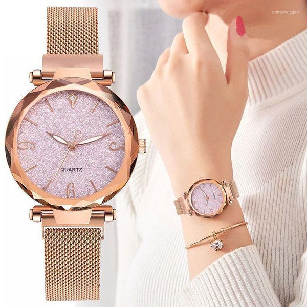 Avanadores de pulso Mulheres de ouro rosa assistir 2023 Top Magnetic Starry Sky Lady Lady Wristwatch Mesh Feminino Relógio para Dropship Relogio feminino