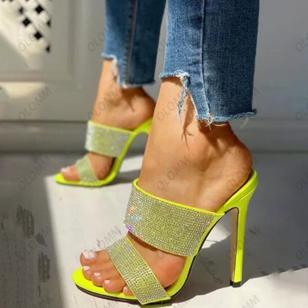 Olomm Stilvolle Frauen Pantoletten Sandalen Strass Sexy Stilettos Offene Spitze Hübsche Gelbe Partyschuhe Damen US Plus Größe 5-20