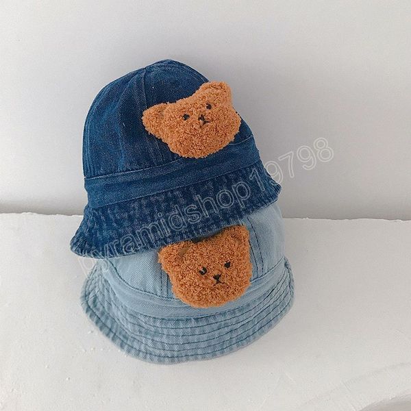 Cappello da pescatore pieghevole in denim per bambini Orso di cartone animato Cappello di protezione solare per bambini Estate Autunno Cappello da pescatore parasole per bambini