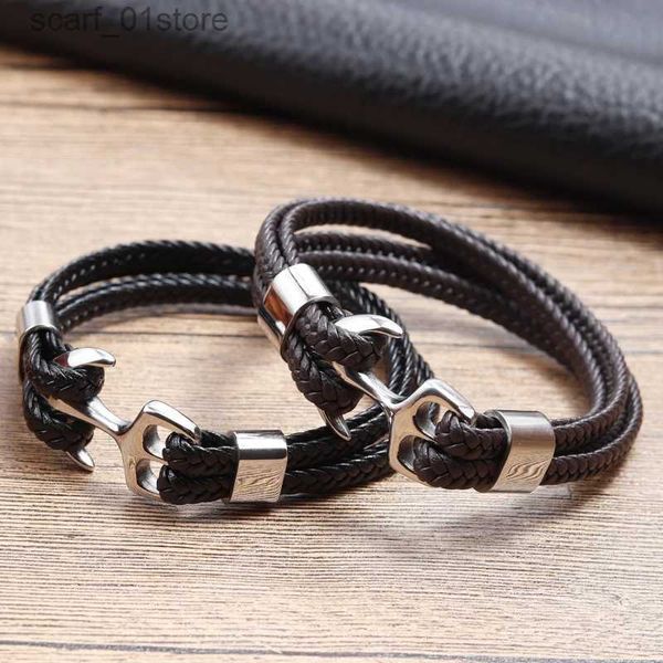 Catena 2018 Moda Acciaio inossidabile Bracciale di ancoraggio Uomo Nero Intrecciato Pelle di vacchetta Braccialetti di corda Wr Punk Gioielli con fascinoL231115