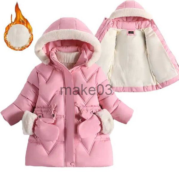 Daunenmantel 2–8 Jahre, warme Winterjacke für Mädchen, Pelzkragen, abnehmbarer Hut, Plüschfutter, schwere Kapuze, Kindermantel, Kinder-Oberbekleidung, Handschuhe J231115