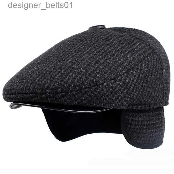 Berets HT1847 Clássico Homem Cap Outono Chapéu de Inverno com Orelha Flap Elder Man Masculino Chapéu Quente Newsboy Ivy Flat Cap Wool Blend Men Beret CapL231115