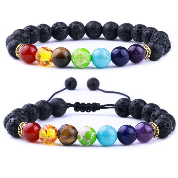 Charm-Armbänder, 8 mm, schwarzer Lavastein, 7 Chakra-Perlen, Armbänder, DIY-Aromatherapie, ätherisches Öl, Diffusor-Armband, Stretch, Yoga, Dhgarden Dhd9N