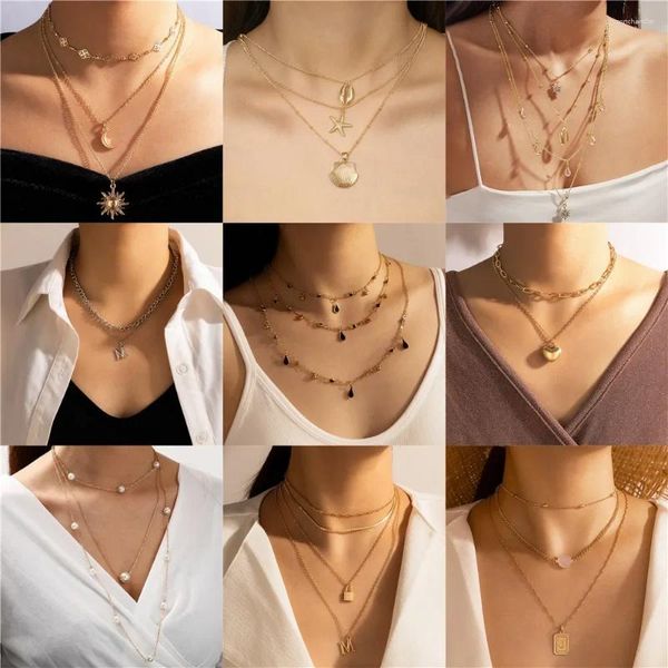 Anhänger Halsketten Mode Vintage Stern Mond Sonne Shell Brief Kristall Wasser Tropfen Halskette Für Frauen Weibliche Multilevel Kette Schmuck Geschenk