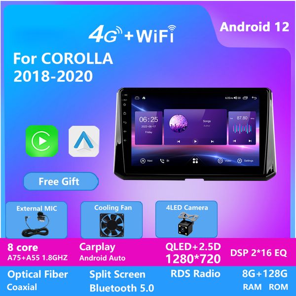 Auto 9 Zoll Video Android 12 Für Toyota COROLLA 2018-2020 Radio 4G LTE Navigation GPS Multimedia Player Wireless Carplay Auto BT