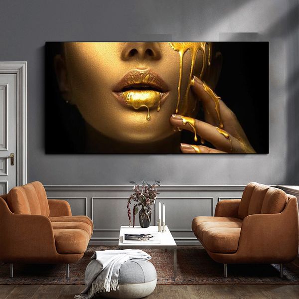 Büyük Afrikalı kadın yüz tuval sanat posterler ve baskılar altın seksi dudaklar tuval resimleri duvarda oturma odası için sanat resmi