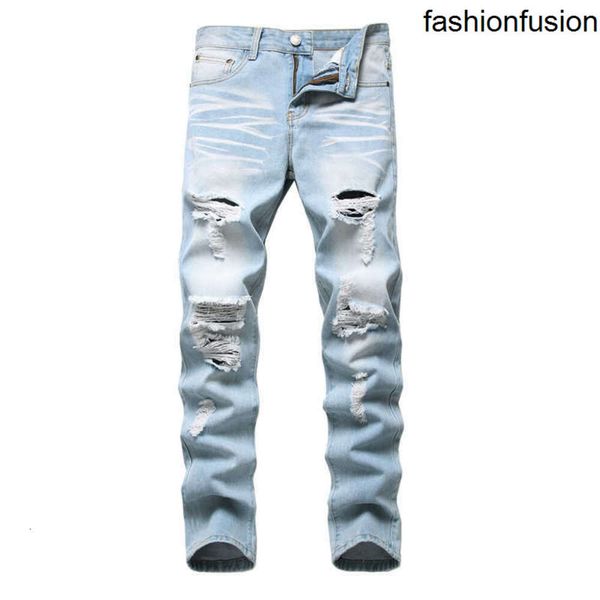 Kot pantolon ile düz yıkanmış pileli yırtık delikler düğmesi sıska bikter kot mavi 2023slim fit erkek pantolon