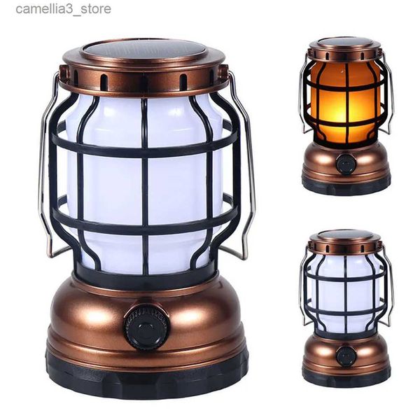 Lanterna de acampamento movida a energia solar luz de acampamento retro lâmpada de querosene chama luz lanterna portátil usb recarregável ao ar livre indoor nightlights q231116