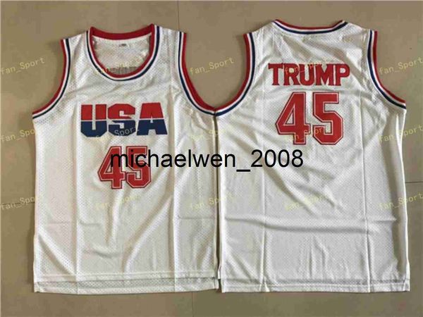 Mich28 Erkek 45 Donald Trump Film Basketbol Jersey ABD Dream Team One Fashion 100% Dikişli Basketbol Gömlekleri Beyaz