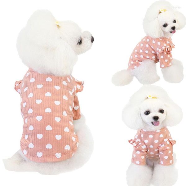 Abbigliamento per cani Vestiti per animali domestici in cotone grigio beige rosa Felpe con cappuccio calde Maglietta Felpa con maglione a maniche corte in pizzo con motivo a cuore per cani di piccola taglia