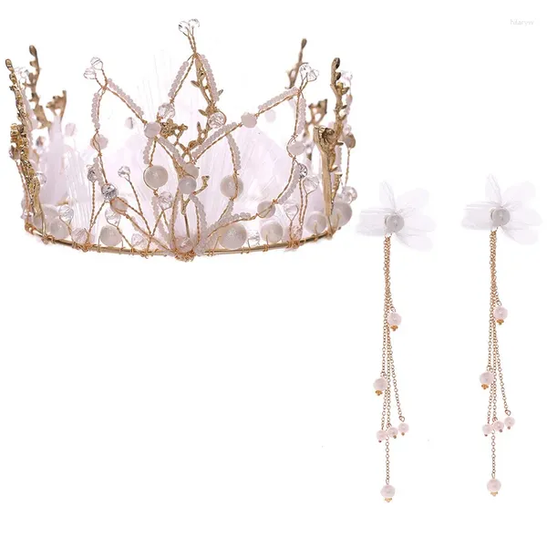 Halskette Ohrringe Set Mode Garn Blumen Simulierte Perle Vollkreis Krone Quaste Ohrring Braut Prinzessin Diadem Haarschmuck NA