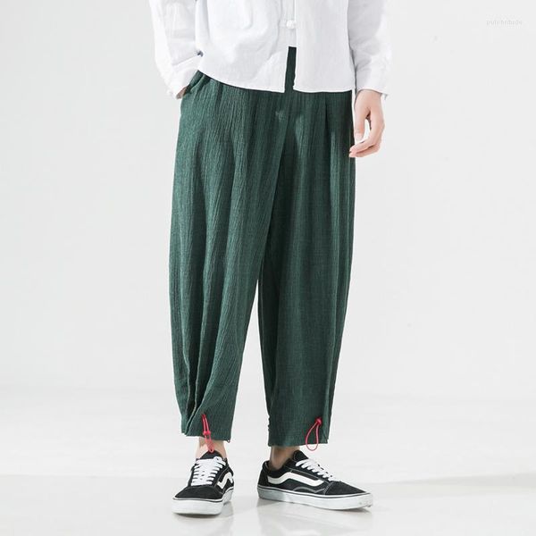 Calça masculina masculina manguitos elásticos primavera verão fino tecido plissado solto calça casual masculino japão de rua de rua de rua de rua
