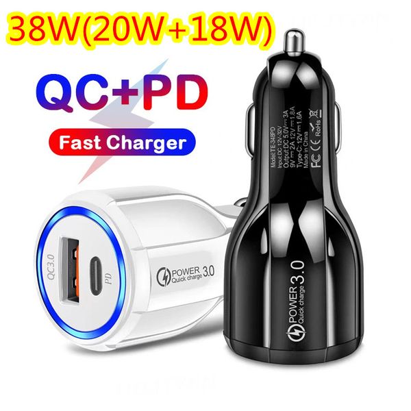 Быстрая быстрая зарядка 38 Вт двойной порты USB C Car Charger Auto Power Adapters Chargers 30W PD20W для iPad iPhone 13 14 15 Pro Max Samsung Huawei с коробкой