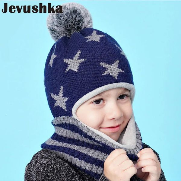 Chapéus Chapéus Inverno Crianças Balaclava Chapéu Pompom Knit Beanie para Bebê Menino Cachecol Snood com Dupla Camada Meninos 231115