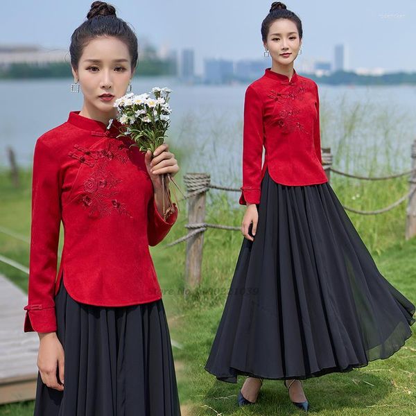 Abbigliamento etnico 2023 Migliorato Cheongsam Top Donna Vintage Camicia cinese Fiore nazionale Ricamo Hanfu Cina Tradizionale Tang Suit Camicetta