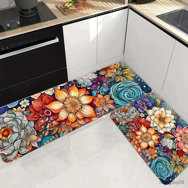 Teppich Küche Anti-Rutsch-Teppich Küchenbodenmatte waschbare Bodenmatte mit Blumenmuster