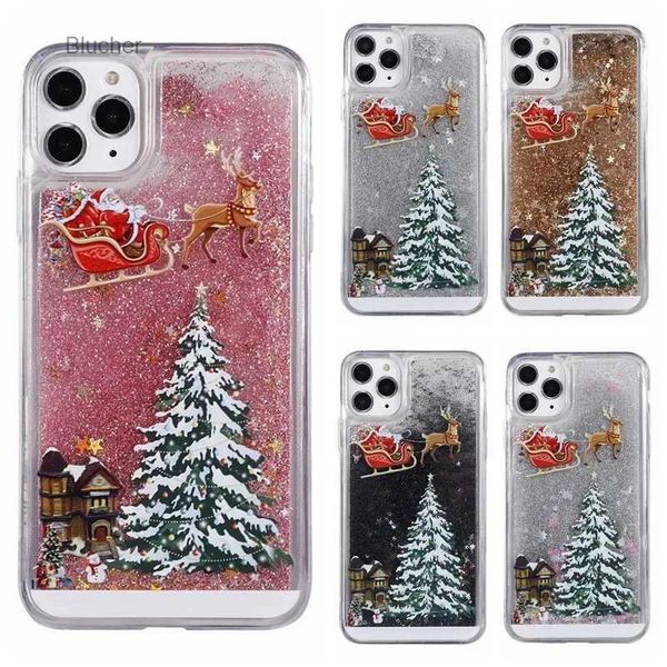 Casos de telefone celular Caixa de telefone de árvore de Natal para iPhone 15 14 13 12 11 Pro Max X XR 7 8 Plus Mini Liquid Quicksand Glitter Capa de silicone à prova de choqueL2402
