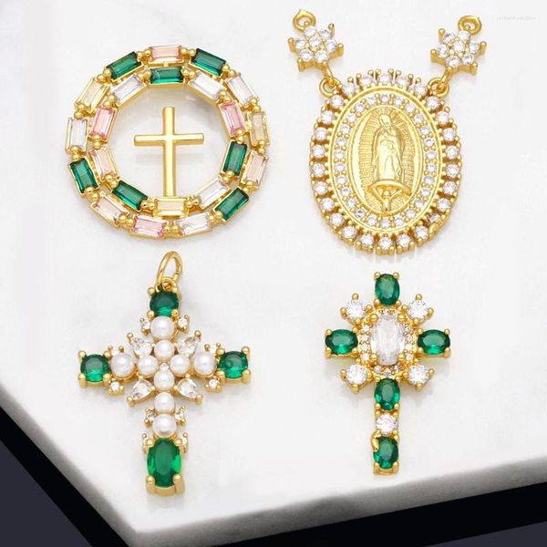 Colares pendentes Ocesrio cobre CZ Virgem Maria para colar Jóias verdes de colar Gold Cross Fazendo suprimentos de contas Crucifix PDTA818