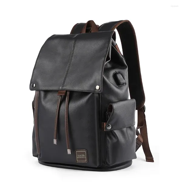 Backpack Syzm Men Pu Leather Fashion String Saco de ombro grande capacidade para a escola de laptop de menino viagens legais