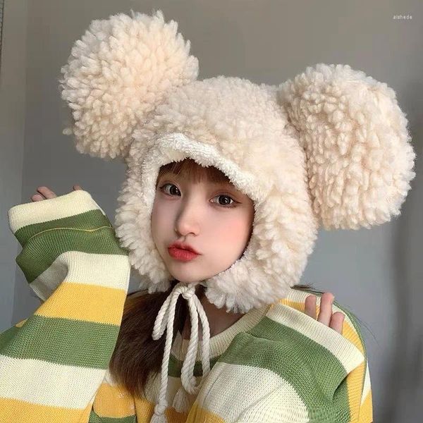 Berets Ins Koreanische Kawaii Pom-Pom Große Ohren Bär Hüte Für Frauen Winter Nachahmung Lamm Wolle Kälte Beweis Schutz Ear Strap Bomber Cap