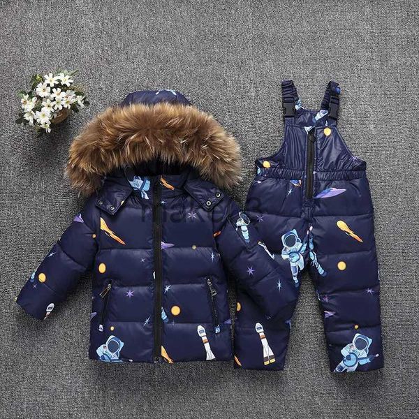 Para baixo casaco 2023 inverno crianças meninos roupas conjunto algodão remendado dos desenhos animados calças grossas gola de pele zíper jaqueta de aquecimento adolescente snowsuit j231115