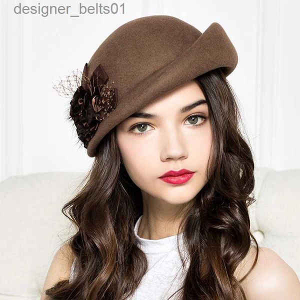 Berretti 100% lana feltro berretti donna autunno e inverno festa garza fiore cappello formale banchetto grazia cappelli di lanaL231115