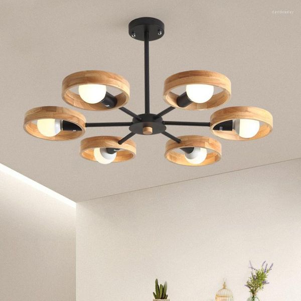 Kronleuchter Nordic Natur Holz Kronleuchter Lampen für Schlafzimmer Wohnzimmer LED E27 Basis Runde Holzleuchten AC 110V-220V Hängende Deckenleuchte