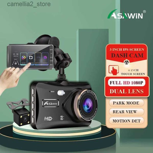 dvr per auto Asawin M21 DashCam a doppia lente per fotocamera per auto anteriore e posteriore Modalità parcheggio 24 ore 4 pollici Touch IPS 1080P Visione notturna Q231115