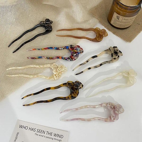 Haarspangen Koreanische Accessoires Retro Blumenstäbchen Acetat Haarnadeln U-förmige Pin Schildpatt Für Frau Drop