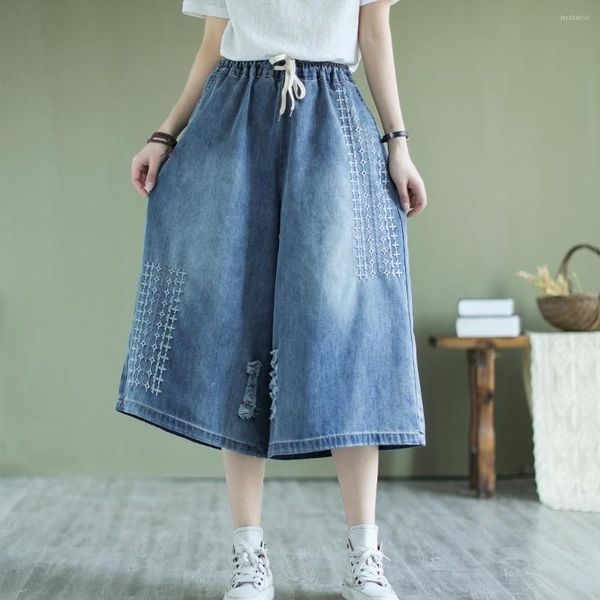 Damenjeans 23Summer Women Sweet Style Washed Bleached Hole Embroidery Loose Female Tide Wadenlang Wide Leg Pants Wild