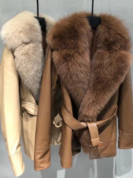 Pele feminina faux oftbuy casaco real jaqueta de inverno feminino gola natural genuíno couro de carneiro cinto grosso quente outerwear 231115
