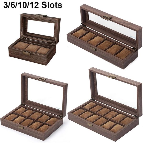 Caixas de relógio Casos 3/6/10/12 Slot Pu Leather Watch Box Protable Travel Watch Case Armazenamento Vintage Wood Color Buckle Watch Stand Organizador de Jóias 231115