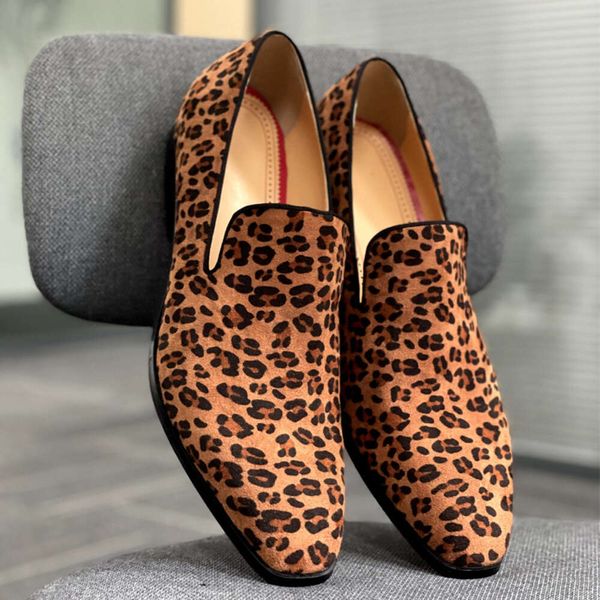 Clássico leopardo impressão vestido sapatos de couro sapato formal para homens moda apontou toe trabalho de negócios sapatos de festa de casamento mocassins com caixa no493