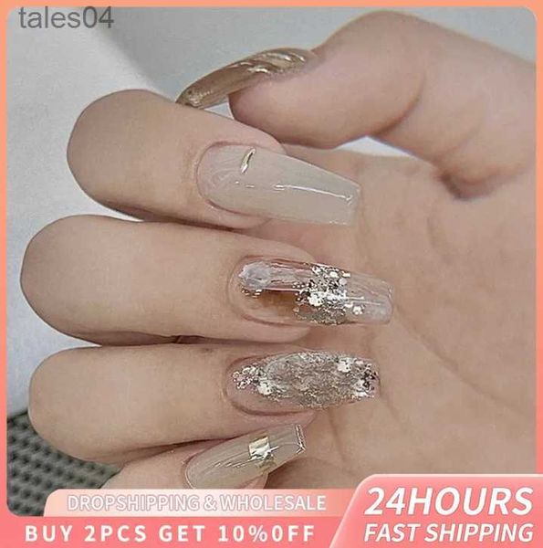 Yanlış Tırnaklar 24 PCS Gold Glitter sahte tırnak moda renk manikür Köpüklü Rhinestone Tasarım Yanlış Tırnak Çıkarılabilir Pres Çivi Art Jel Tırnak YQ231115