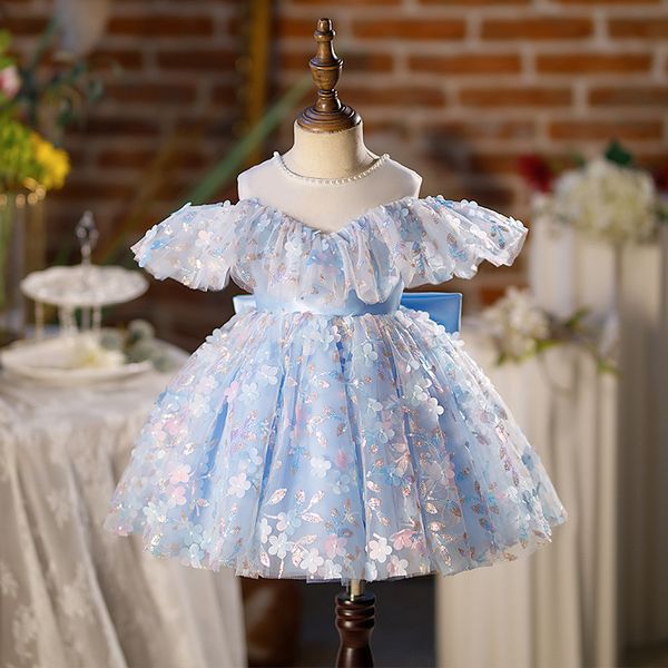 Vestidos de menina de flor azul para flores de casamento pérolas colar renda de apliques florais Saias em camadas Vestido de concurso