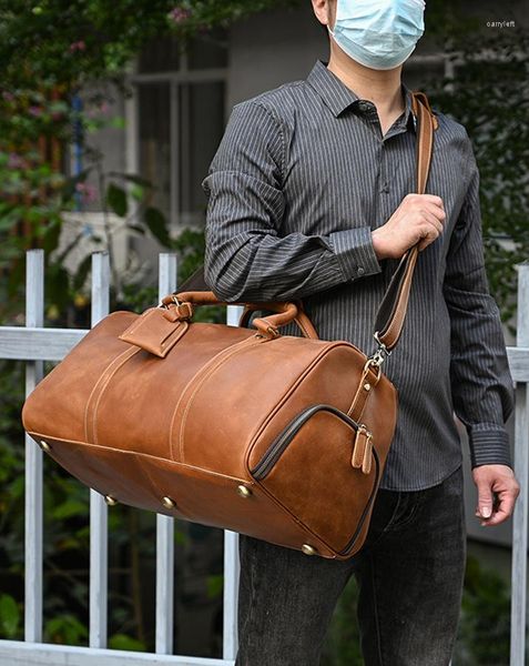 Duffel Bags Vintage Genuine Leather Travel Bag Men 50cm grande dublada de cavalo maluca da noite