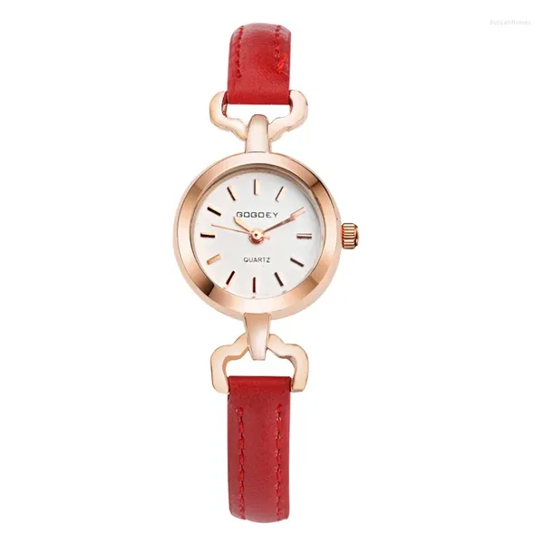 Relógios de pulso feminino simples quartzo relógio de pulso pulseira de couro mini mostrador fino relógios rosa ouro presente elegante