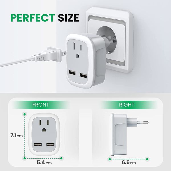 Internationaler Netzstecker, europäischer Reisesteckeradapter mit 2 USB-Typ-C-Steckdosen, Adapter-Ladegerät für die USA bis zu den meisten europäischen Ländern, EU, Island, Spanien, Italien, Frankreich, Deutschland