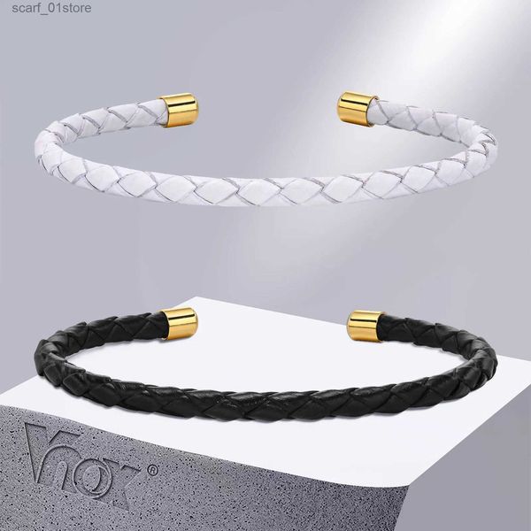 Corrente vnox moda couro manguito pulseiras para homens mulheres preto e branco corda fina corrente pulseira presentes de aniversário para rsl231115