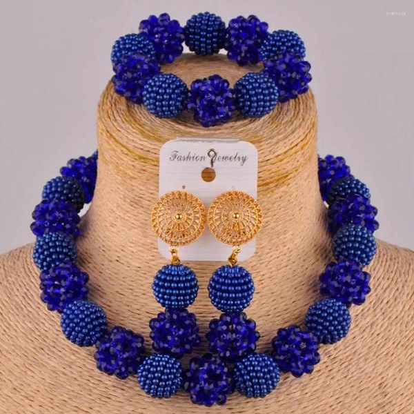 Collana orecchini set moda africana blu reale imitazione perla e gioielli in cristallo sposa nigeriana sposa squisita XX-78